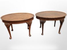 Two reproduction burr walnut pie crust oval tables,