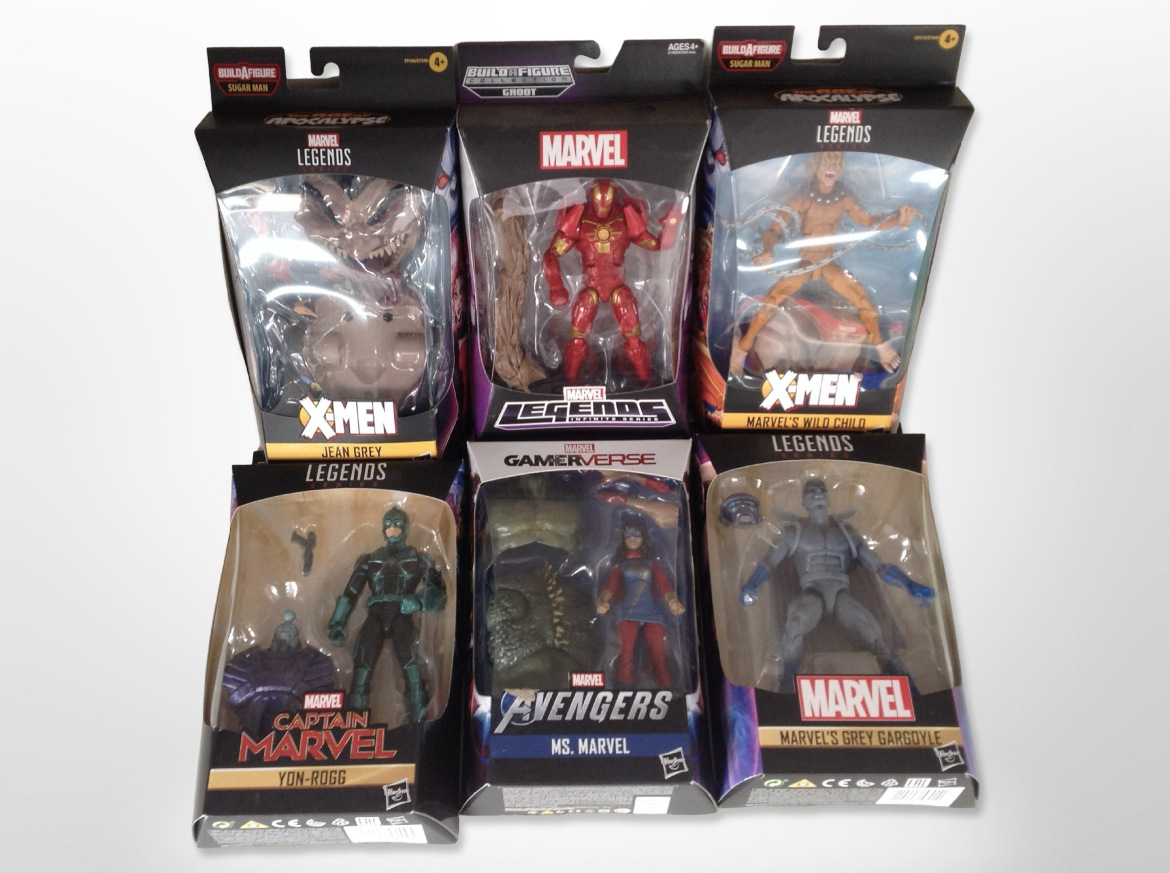 Six Hasbro Marvel figurines including Marvel Legends, etc., boxed.