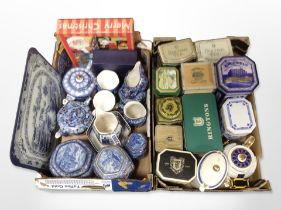 A quantity of Ringtons blue and white ceramics, cathedral caddies, chintz tea china, tins, etc.