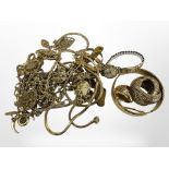 A group of gold plated jewellery, chains, ring,