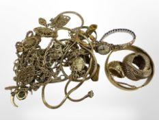 A group of gold plated jewellery, chains, ring,