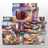 Five Hasbro Disney Star Wars figures including Assault Walker, Elite Speeder Bike, Imperial Speeder,