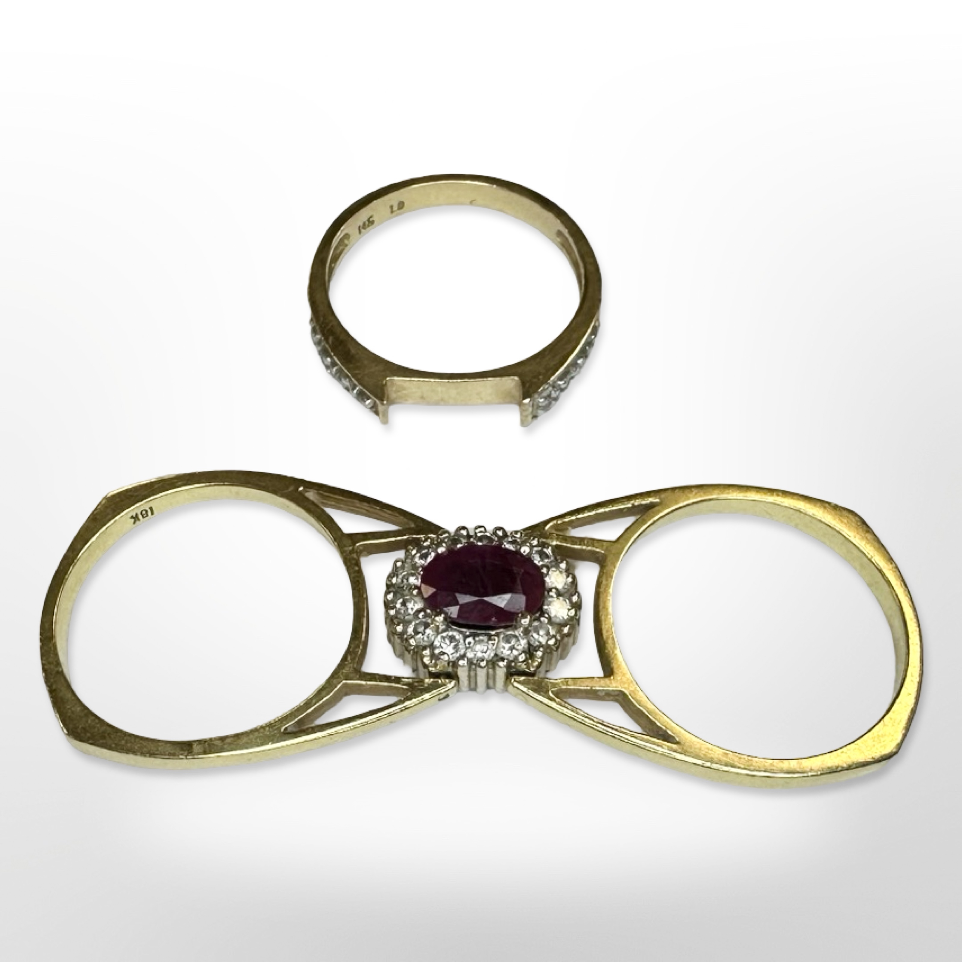 A yellow gold ruby, sapphire and diamond cluster revolving ring, size L/M. - Image 3 of 3