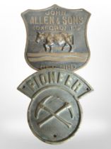 A John Allen and Sons brass shield shaped plaque,