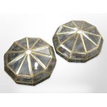 A pair of brass and bevelled glass pendant light shades, diameter 32cm.