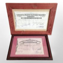 Two framed London and North Eastern Railway Company stock bonds.