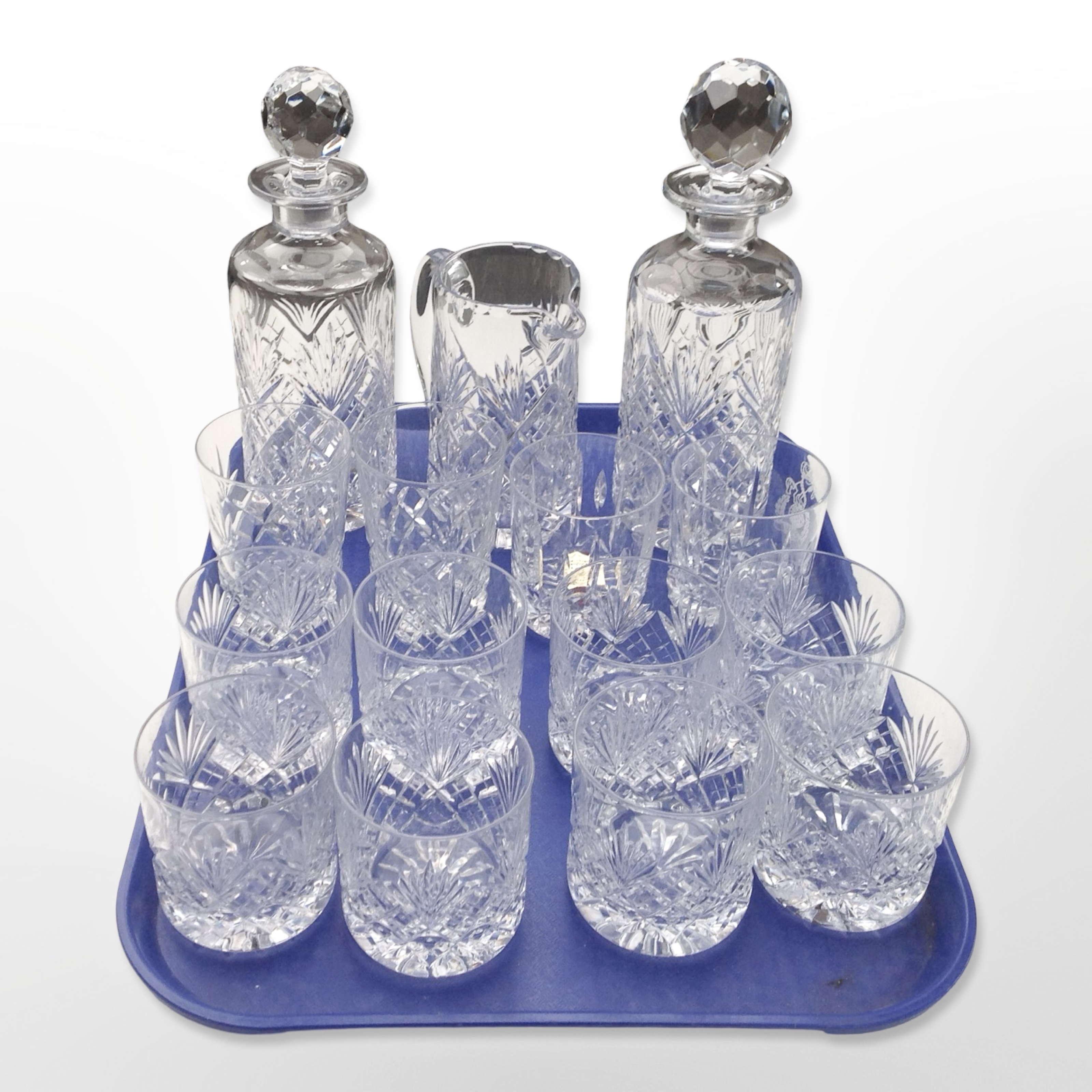 Two Royal Doulton crystal decanters, a further jug and assorted Royal Brierley crystal tumblers.