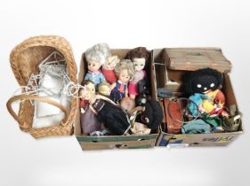 A group of vintage dolls and soft toys, tin plate model carriage, miniature suitcase,