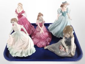 Four Coalport porcelain ladies and a Lladro figure of a seated girl holding flowers