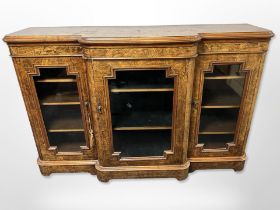 A Victorian figured walnut and satinwood inlaid breakfront credenza,