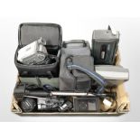 A group of electricals including 80GB iPod, Samsung video camera, cameras, lenses, Sony radio, etc.