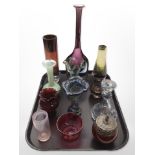 A group of studio glass vases including Caithness, other glass items, etc.