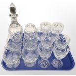 A Royal Doulton crystal decanter and assorted drinking glasses.