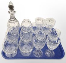 A Royal Doulton crystal decanter and assorted drinking glasses.