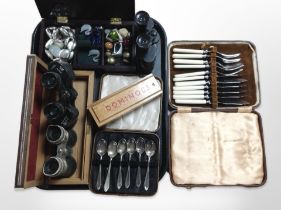 Three pairs of binoculars, cased cutlery, set of dominoes in box,