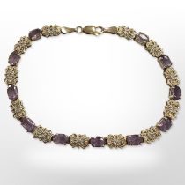 A 9ct yellow gold bracelet set with amethyst and diamonds, length 18 cm.