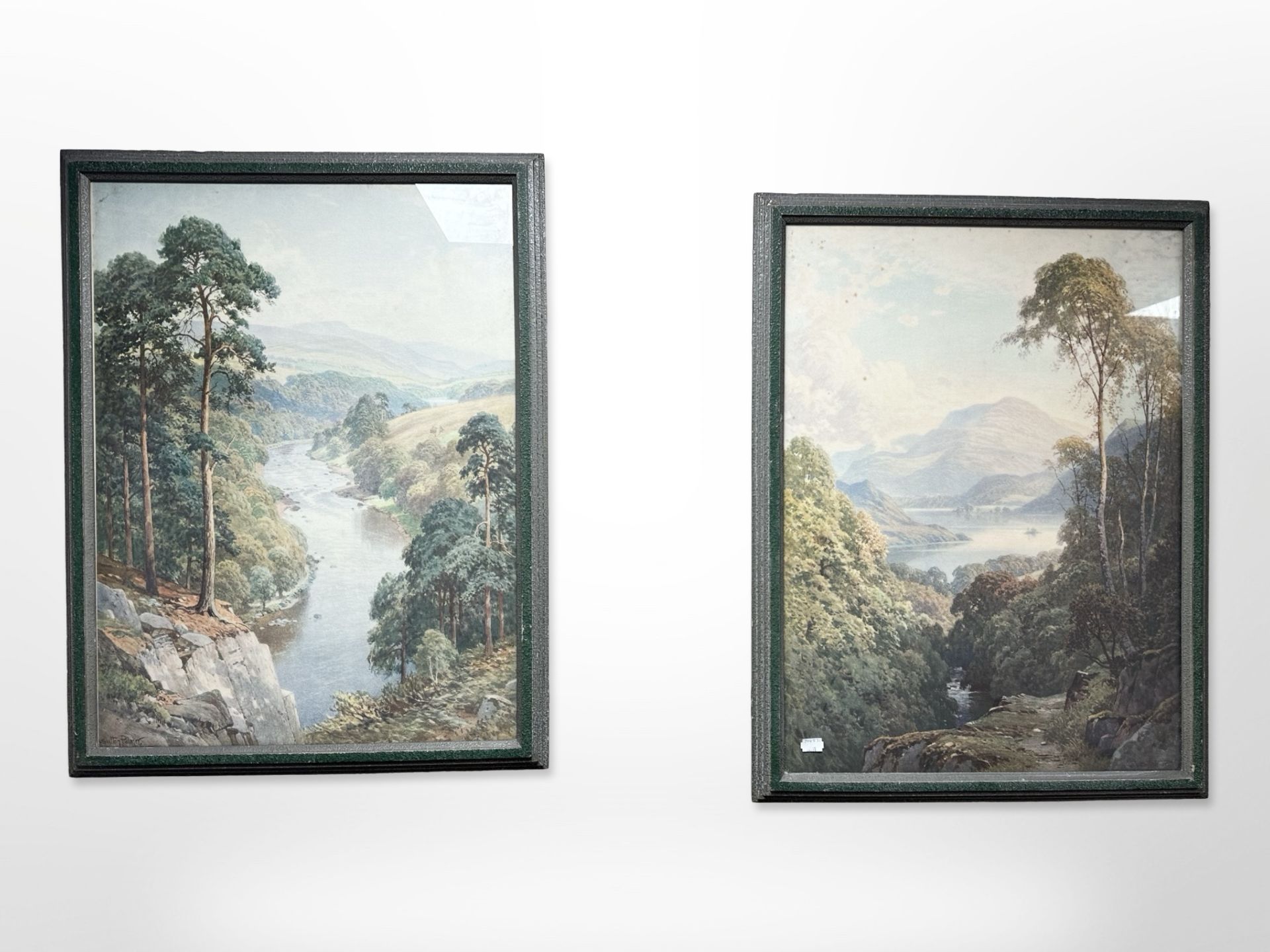 After Sutton Palmer : A pair of colour prints depicting valley landscapes, each 51cm x 67cm.