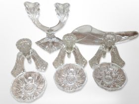A glass cornucopia vessel by Chive, set of three Art Deco tripod glass candlesticks,