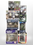 10 Funko and other figurines including Harry Potter, Star Wars, Fallout, Marvel, etc., all boxed.
