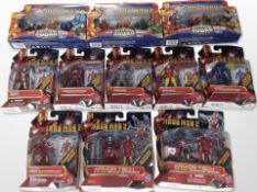 Nine Hasbro Iron Man 2 figurines, and two further Iron Man Superhero Squad figurines, all boxed.