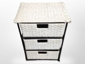 A painted wicker and metal three-drawer chest, height 61cm.