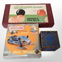 A set of Guinness brothers snooker and pool balls in box together with a Meccano model and Star