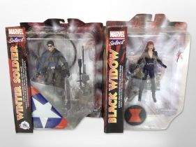 Two Marvel Select figurines, Black Widow and the Winter Soldier, boxed.