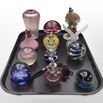 A group of glass paperweights including Caithness Wallace Sanders pink iridescent glass vase,
