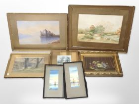 A group of antiquarian and later watercolours, still-life oil painting,