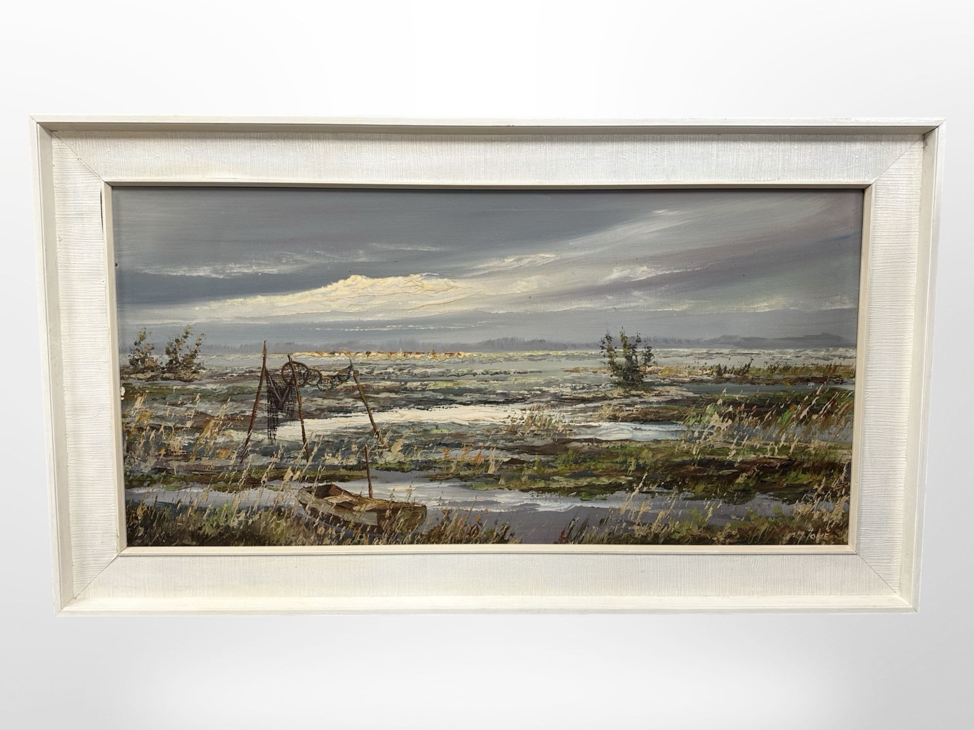 Continental school : View across marshland, oil on canvas, 80cm x 39cm.