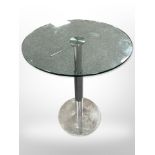 A contemporary circular glass pedestal bar table on chrome metal adjustable support,