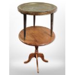A reproduction mahogany occasional table and a further tripod table with engraved eastern brass