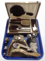 A group of dressing table brushes in box, pipes, Amethyst crystal, EPNS cruet,