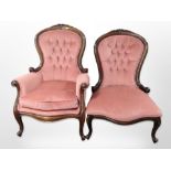 A pair of Victorian style carved mahogany lady's and a gent's armchairs in pink buttoned dralon