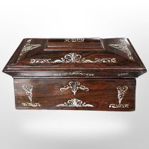 A 19th-century rosewood and mother of pearl inlaid tea caddy, width 36cm.