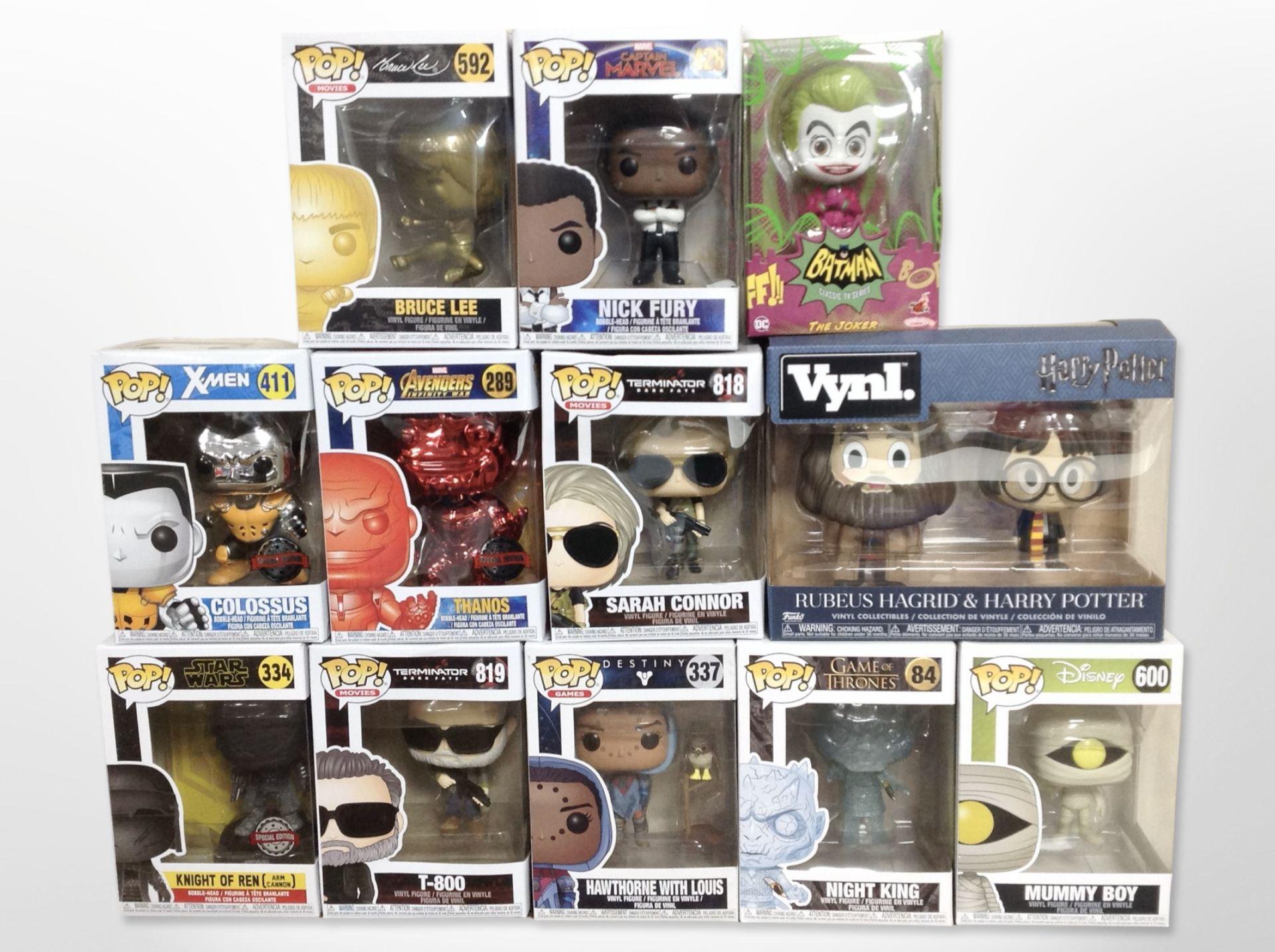 12 Funko Pop! and other figurines, including Marvel, Harry Potter, Game of Thrones, etc., boxed.