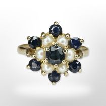 A 9ct yellow gold sapphire and pearl cluster ring, size Q CONDITION REPORT: 3g.