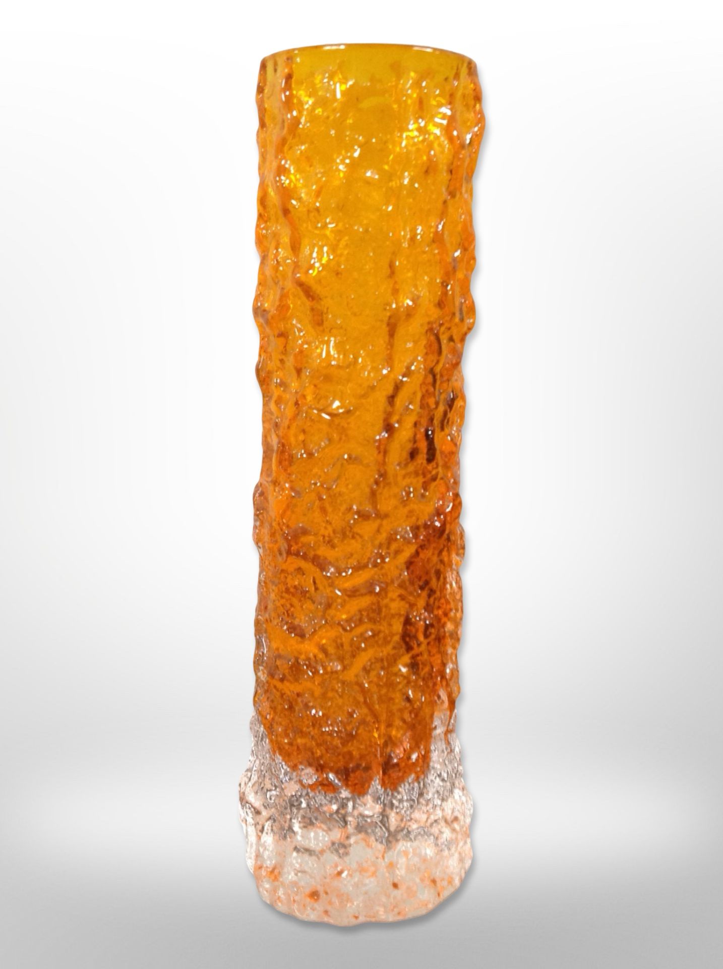 A Whitefriars tangerine slim cylindrical bark-textured vase, height 14cm.