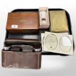 An antique inlaid box together with Gent's travel set in case, photograph frames,