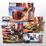 Five Hasbro Disney Star Wars figures including Rey's Speeder (Jakku), Imperial Speeder, Wampa, etc.