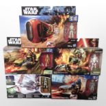 Five Hasbro Disney Star Wars figures including Rey's Speeder (Jakku), Imperial Speeder,