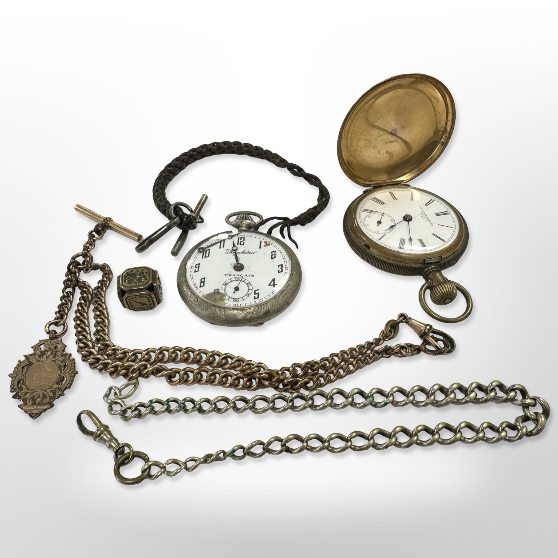 Two antique pocket watches together with gold plated chain with T-bar,