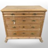 A 19th century Scandinavian pine chest of four drawers, raised on lion paw feet,