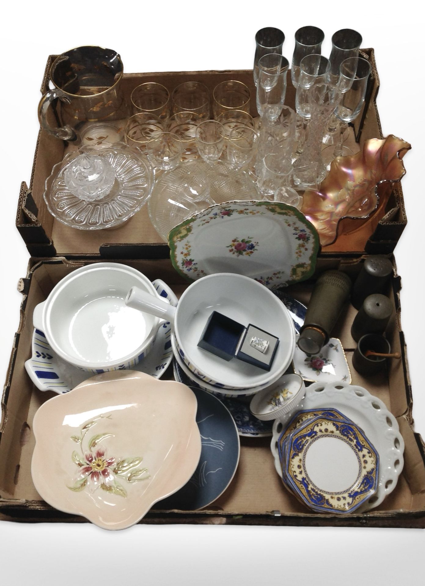 A group of drinking glasses, petrol glass dish, Royal Sphinx dinner wares, earthen ware sifters,