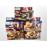 Five Hasbro Disney Star Wars figures including Assault Walker, Elite Speeder Bike, etc., boxed.