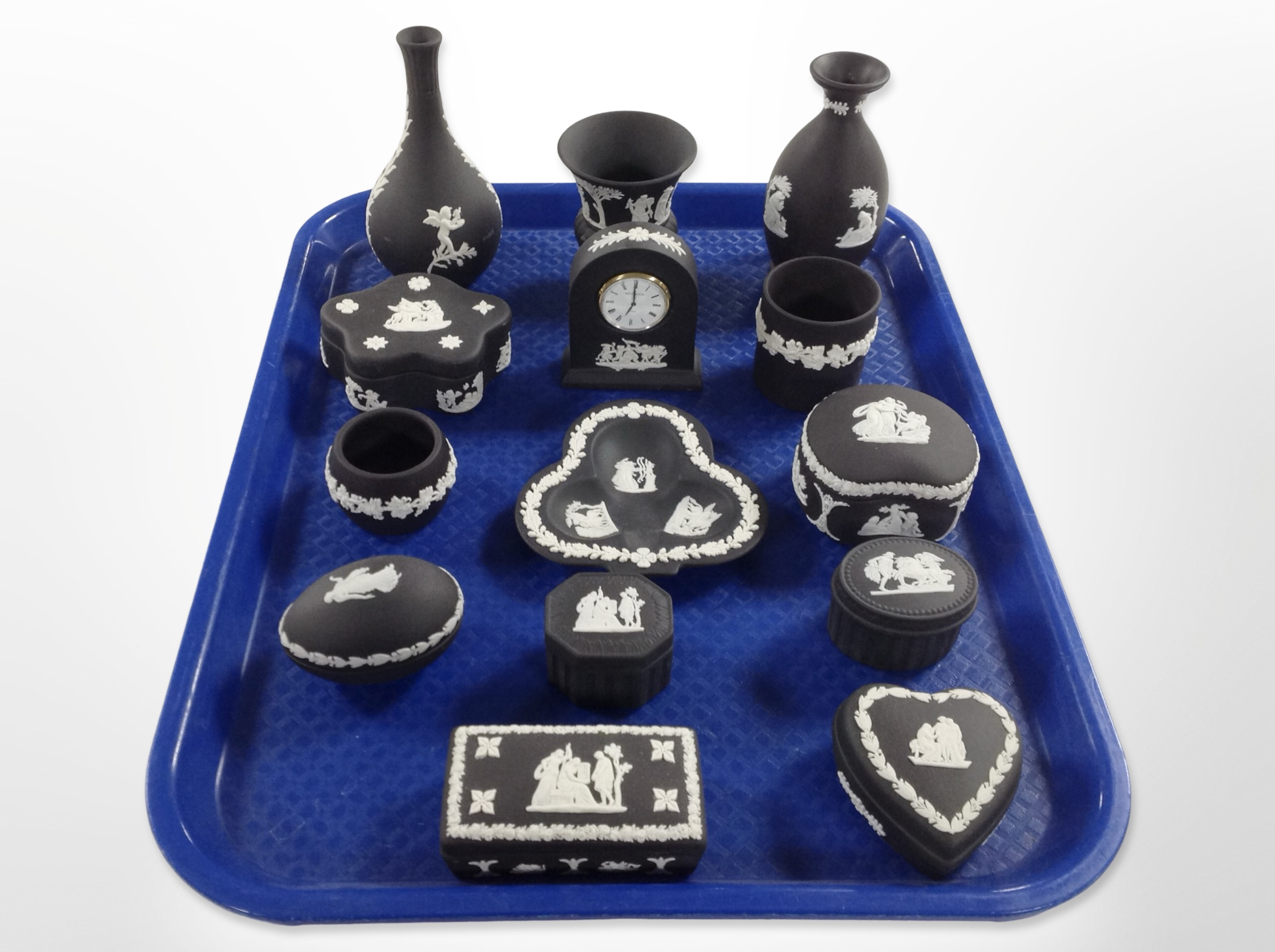 A group of Wedgwood black ground Jasperware cabinet china.