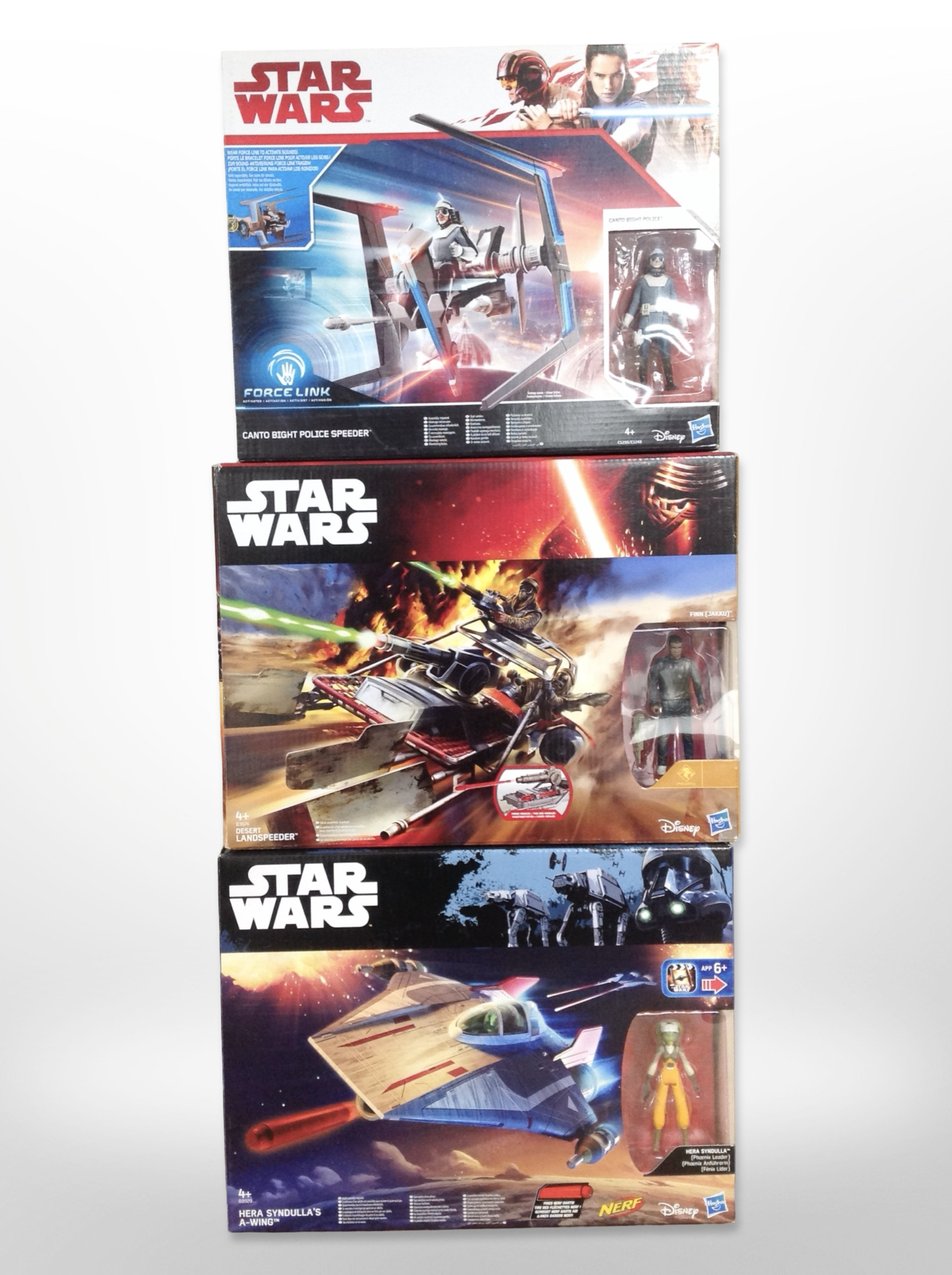 Three Hasbro Disney Star Wars models, Resistance A-Wing Fighter, Desert Landspeeder,