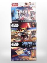 Three Hasbro Disney Star Wars models, Resistance A-Wing Fighter, Desert Landspeeder,
