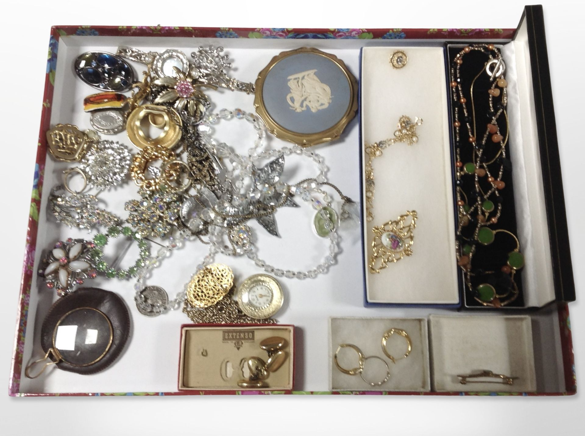 A collection of costume jewellery including earrings, brooches, necklaces, Jasperware compact,