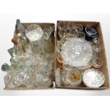 Assorted 20th-century glass wares including continental decanters, etched drinking glasses, bowls,